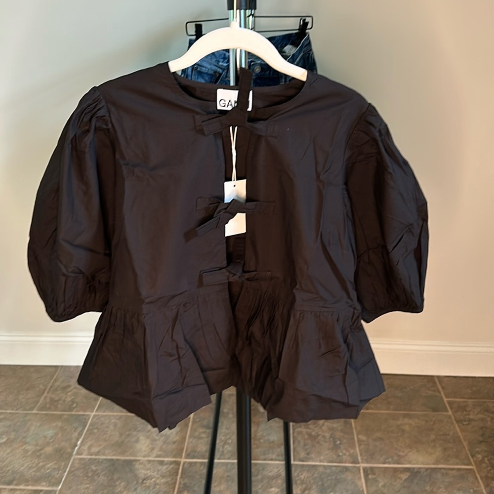 GANNI poplin front-tie peplum with puffed sleeves